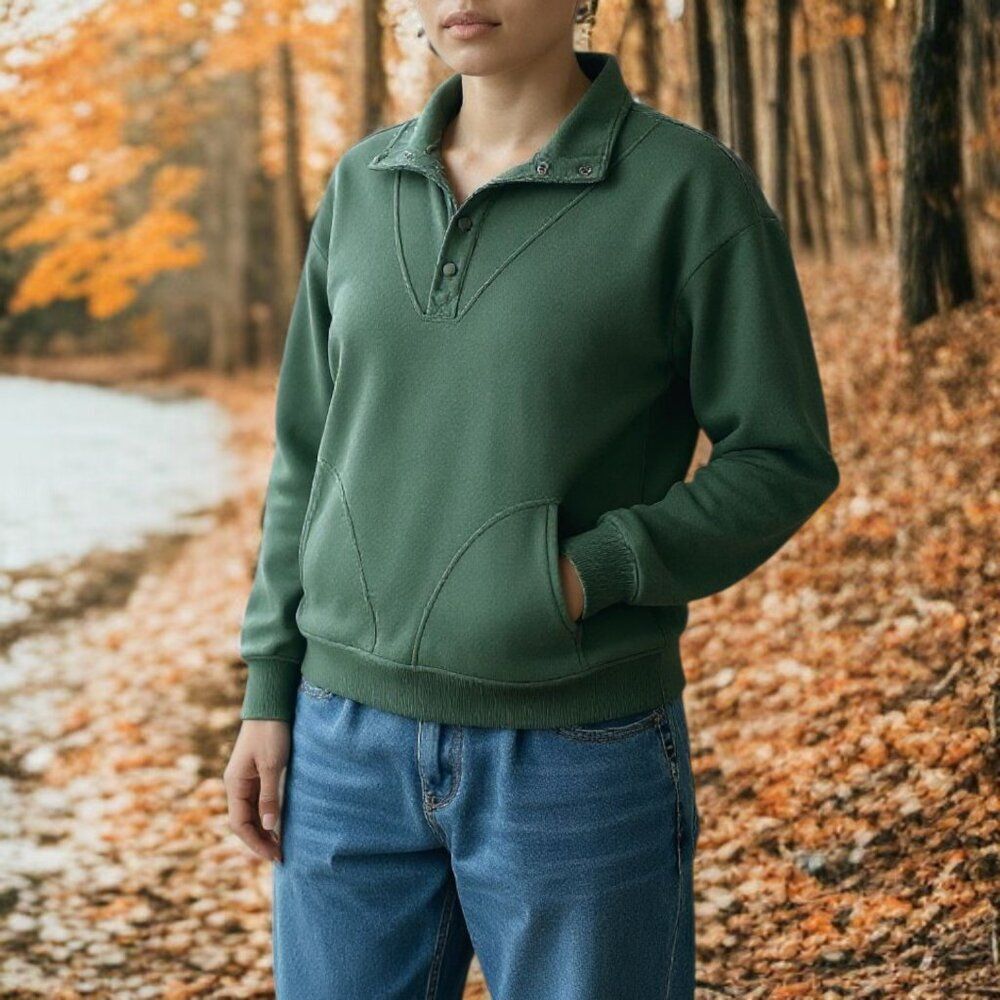 Time & Tru Green Normcore Clean Girl Mock Neck Henley Pullover Sweatshirt